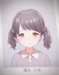 Rule 34 | 1girl, black hair, blurry, character name, depth of field, fukumaru koito, grey background, hair ornament, idolmaster, idolmaster shiny colors, looking at viewer, norada, photo (object), pink eyes, portrait, purple shirt, shirt, short hair, solo, twintails, upper body