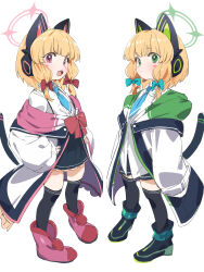 Rule 34 | 2girls, animal ear headphones, animal ears, black skirt, black tail, black thighhighs, blonde hair, blue archive, blue necktie, blush stickers, bow, cat ear headphones, closed mouth, fake animal ears, green eyes, green halo, hair bow, halo, hands on own hips, headphones, highres, jacket, midori (blue archive), momoi (blue archive), multiple girls, necktie, ocha (popopogg), open mouth, pink eyes, pink halo, red bow, shirt, siblings, simple background, sisters, skirt, smile, standing, thighhighs, white background, white jacket, white shirt