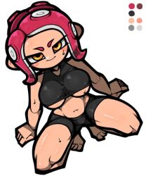 1girl bare_arms bare_legs bare_shoulders barefoot bike_shorts black_shorts black_sports_bra breasts closed_mouth color_guide full_body groin large_breasts name_omoitukan2 navel nintendo octoling octoling_girl octoling_player_character orange_eyes pink_hair shiny_skin short_hair shorts simple_background solo splatoon_(series) sports_bra squatting sweat tentacle_hair thick_lineart underboob white_background