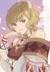 1girl bare_shoulders blonde_hair brown_dress citrinne_(fire_emblem) dress earrings feather_hair_ornament feathers fire_emblem fire_emblem_engage gold_choker gold_trim hair_ornament hoop_earrings jewelry kiyuu leather_wrist_straps looking_at_viewer mismatched_earrings nintendo red_eyes wing_hair_ornament