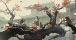 Rule 34 | 1girl, animal, autumn leaves, black hair, black kimono, brown kimono, brown sky, building, closed mouth, clothed animal, commentary request, divine child of rejuvenation, folding screen monkeys, from software, grey kimono, highres, huanxiang heitu, in tree, japanese clothes, kimono, long hair, long sleeves, low ponytail, monkey, outdoors, parted bangs, ponytail, purple kimono, red kimono, sekiro: shadows die twice, sky, smile, solo, standing, tree, wide sleeves