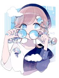 Rule 34 | 1girl, bandaid, beret, black-framed eyewear, blue flower, blue hat, bow, braid, brown hair, chon (chon33v), cloud, collarbone, commentary request, covered mouth, cropped torso, eyewear on head, flower, glasses, hair between eyes, hair bow, hat, highres, holding, holding removed eyewear, long hair, long sleeves, low twintails, original, puffy long sleeves, puffy sleeves, purple flower, rain, round eyewear, shirt, solo, twin braids, twintails, unworn eyewear, upper body, white background, white bow, white shirt