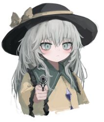 Rule 34 | 1girl, black hat, blush, bow, buttons, closed mouth, frilled sleeves, frills, green eyes, green hair, gun, handgun, hat, hat bow, holding, holding gun, holding weapon, komeiji koishi, long hair, long sleeves, pointing, pointing at viewer, reverinth, solo, touhou, upper body, weapon, wide sleeves, yellow bow