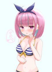 Rule 34 | 1girl, absurdres, bikini, blue headband, bob cut, breasts, choro star, cleavage, colored inner hair, colored stripes, front-tie bikini top, front-tie top, headband, highres, hololive, looking at viewer, medium breasts, minato aqua, minato aqua (hololive summer 2019), multicolored hair, pink eyes, short hair, solo, striped, swimsuit, virtual youtuber