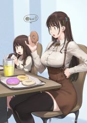 Rule 34 | 2girls, absurdres, artist name, big sister (navigavi), black thighhighs, blue background, blush, bow, bowtie, breasts, brown bow, brown bowtie, brown hair, brown skirt, chair, collared shirt, doughnut, drink, drinking straw, eating, english text, eyelashes, food, hair ornament, hairclip, hand on own hip, highres, holding, holding food, ice, ice cube, jun (navigavi), large breasts, legs together, little sister (navigavi), long hair, long sleeves, looking at another, miniskirt, multiple girls, open mouth, orange eyes, original, shirt, siblings, signature, simple background, sisters, sitting, skirt, speech bubble, sprinkles, straight hair, striped, striped background, suspender skirt, suspenders, table, thighhighs, thighs, tray, two-tone background, weibo logo, weibo watermark, white shirt, wing collar, zettai ryouiki