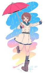 Rule 34 | 10s, 1girl, adapted costume, brown eyes, brown hair, buttons, coat, deco (geigeki honey), double-breasted, full body, gradient background, kantai collection, miyuki (kancolle), outstretched arm, rain, sailor collar, short hair, solo, standing, standing on one leg, umbrella