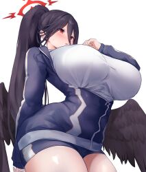 Rule 34 | 1girl, absurdres, black hair, black shorts, black wings, blue archive, blush, breasts, cowboy shot, feathered wings, gym uniform, halo, hasumi (blue archive), hasumi (track) (blue archive), highres, huge breasts, jacket, long hair, official alternate costume, open mouth, ponytail, red halo, shirt, shorts, simple background, solo, track jacket, very long hair, white background, white shirt, wings, yuuki shuri