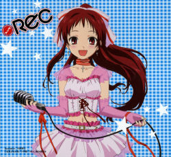 Rule 34 | 00s, 1girl, :d, belt, blush, breasts, choker, corset, crop top, cross, cross earrings, earrings, elbow gloves, fingerless gloves, frills, gloves, hair ribbon, highres, idol, jewelry, latin cross, long hair, looking at viewer, microphone, midriff, morioka hideyuki, navel, official art, onda aka, open mouth, pink gloves, plaid, plaid background, rec (manga), red eyes, red hair, ribbon, see-through, skirt, small breasts, smile, solo, star (symbol), starry background