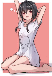 Rule 34 | 1girl, 9-nine-, absurdres, animal print, arms up, barefoot, black hair, border, breasts, cat print, collarbone, commentary, eyes visible through hair, fang, feet out of frame, hair between eyes, hair intakes, highres, looking at viewer, naked shirt, open mouth, oversized clothes, pink background, red eyes, shirt, short hair with long locks, short sleeves, simple background, sitting, sketch, sleepy, small breasts, solo, squeans, stretching, takoyaki032002, tears, thighs, wariza, white border, white shirt, yawning, yuuki noa