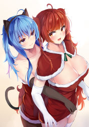 Rule 34 | 2girls, animal ears, areola slip, azur lane, bare shoulders, black gloves, blush, breasts, cape, cat ears, cat tail, cleavage, closed mouth, clothes lift, collarbone, commentary request, covered erect nipples, dress, dress lift, elbow gloves, fake animal ears, fake tail, fang, gloves, highres, honolulu (azur lane), irohara, large breasts, long hair, multiple girls, open mouth, panties, purple eyes, red cape, red dress, red eyes, revision, side ponytail, sidelocks, smile, st. louis (azur lane), strapless, strapless dress, tail, thighhighs, twintails, underwear, very long hair, white gloves, white legwear, white panties