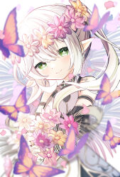 Rule 34 | 1girl, absurdres, bare shoulders, bug, butterfly, cross-shaped pupils, flower, genshin impact, green eyes, head wreath, highres, insect, nahida (genshin impact), pointy ears, poteo, side ponytail, solo, symbol-shaped pupils, white hair