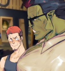 Rule 34 | 2boys, bara, black-framed eyewear, breast envy, bursting pectorals, character request, colored skin, facial hair, fang, from side, girl staring at guys chest (meme), glasses, goatee, green skin, highres, indie virtual youtuber, interspecies, large pectorals, long sideburns, looking at another, looking down, male focus, meme, monster boy, multiple boys, muscle envy, muscular, muscular male, old, old man, orange hair, orc, partially unbuttoned, pectoral cleavage, pectoral focus, pectorals, pointy ears, rondon, shirt, short hair, sideburns, sweatdrop, upper body, virtual youtuber, white shirt, ya su yu ki, yaoi