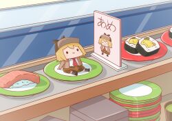 Rule 34 | 1girl, absurdres, black footwear, blonde hair, brown hat, brown jacket, brown skirt, commentary, conveyor belt sushi, deerstalker, dress shirt, food, green tea, hat, highres, hololive, hololive english, indoors, jacket, looking up, makizushi, mini person, minigirl, necktie, open clothes, open jacket, phdpigeon, plaid, plaid skirt, plate, red necktie, restaurant, shirt, sign, sitting, skirt, smile, smol ame, solid circle eyes, solo, sushi, symbol-only commentary, tea, virtual youtuber, watson amelia, white shirt