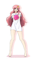 Rule 34 | 1girl, ball, barefoot, blue eyes, commentary request, full body, gundam, gundam seed, hair ornament, haro, highres, lacus clyne, long hair, pink hair, shirt, simple background, smile, solo, standing, t-shirt, takatoshi, white background