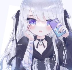 Rule 34 | 1girl, bandaged arm, bandages, black choker, choker, cota666, hair ornament, heart, highres, holding, holding phone, looking at viewer, original, phone, purple eyes, rabbit hair ornament, solo, twintails, white hair, x x