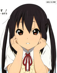 Rule 34 | 1girl, absurdres, black hair, brown eyes, head rest, highres, k-on!, kadowaki miku, looking at viewer, nakano azusa, official art, school uniform, simple background, smile, solo, twintails, white background