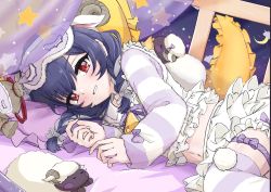 Rule 34 | animal ears, bed, bed sheet, black hair, blush, bow, bowtie, braid, commentary request, fake animal ears, frills, highres, horns, howaso, idolmaster, idolmaster shiny colors, long sleeves, looking at viewer, lying, medium hair, midriff, moon, morino rinze, navel, pajamas, pillow, pom pom (clothes), purple pajamas, red eyes, see-through, sheep, sheep ears, sheep horns, sky, smile, solo, star (sky), starry sky, striped clothes, striped legwear, striped pajamas, striped thighhighs, stuffed toy, thigh strap, thighhighs, window
