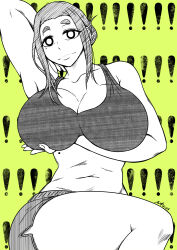 Rule 34 | breasts, exclamation mark, hair tied back, holding own breast, huge breasts, kaii to otome to kamikakushi, monochrome, ogawa sumireko, thick eyebrows, thick thighs, thighs
