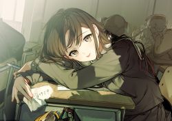 Rule 34 | 1girl, absurdres, almic, bent over, black hair, brown eyes, classroom, commentary, desk, hair behind ear, head rest, highres, holding, holding paper, long hair, long sleeves, looking at viewer, note, original, paper, pencil, school uniform, serafuku, sidelocks, sitting, solo focus, tongue, tongue out, uniform, window