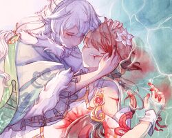 Rule 34 | 2girls, blood, blood on clothes, blood on face, blue nails, brown hair, china dress, chinese clothes, closed eyes, closed mouth, commentary, dress, english commentary, flower, hair flower, hair ornament, highres, honkai (series), honkai impact 3rd, long hair, lying, multiple girls, nail polish, on back, red nails, rita rossweisse, rita rossweisse (artemis), theresa apocalypse, zhuge kongming (honkai impact), velvetterabby, water, wet, wet clothes, white flower, white hair, zhuge kongming (honkai impact)