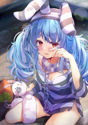 Rule 34 | 1girl, animal ears, blurry, blurry background, blush, bokeh, breasts, carrot, chain, cuffs, depth of field, don-chan (usada pekora), dress, empty eyes, gluteal fold, hand up, hololive, indoors, kneeling, lens flare, light particles, light rays, long hair, looking at viewer, nira (vira), official alternate costume, orange eyes, parted lips, prison clothes, rabbit-shaped pupils, rabbit ears, shackles, small breasts, striped clothes, striped dress, striped headwear, symbol-shaped pupils, tearing up, tears, thick eyebrows, twintails, usada pekora, usada pekora (prisoner), very long hair, virtual youtuber, wavy mouth, wiping tears