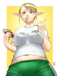Rule 34 | 1girl, asymmetrical bangs, belly, braid, breasts, covered erect nipples, dated, eating, elf, elf-san wa yaserarenai., elfuda (elf-san wa yaserarenai.), food, food in mouth, food on face, french braid, french fries, from below, green eyes, highres, large breasts, midriff peek, pants, plump, pointy ears, shirt, short hair, solo, t-shirt, taikyokuturugi, track pants, white background, yellow background