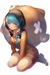 Rule 34 | 1girl, absurdres, bare legs, between legs, blue footwear, blue hair, blush, breasts, brown eyes, collarbone, commentary request, crossed bandaids, cube, destiny child, drawstring, full body, hand between legs, hermes (destiny child), highres, hood, hood up, hoodie, long sleeves, looking at viewer, nogi momoko, orange hoodie, shoes, short hair, small breasts, sneakers, solo, v-shaped eyebrows, zipper pull tab