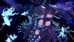 Rule 34 | 1girl, absurdres, blue fire, breasts, center opening, daisi gi, elbow gloves, fate/grand order, fate (series), fire, fish, flute, gloves, hair ornament, halo, highres, instrument, leaf hair ornament, medium breasts, music, playing instrument, purple eyes, purple hair, star (symbol), starry background, thighhighs, yang guifei (fate), yang guifei (third ascension) (fate)