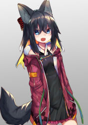 Rule 34 | 1girl, :d, animal ear fluff, animal ears, bare shoulders, black hair, blonde hair, blue eyes, commentary request, fang, frills, gradient background, grey background, hands in pockets, highres, hood, hood down, hoodie, multicolored hair, open clothes, open hoodie, open mouth, original, smile, solo, tail, white hair, wolf ears, wolf tail, yoshizawa tsubaki