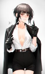 Rule 34 | 1girl, belt, black gloves, black hair, blouse, blunt bangs, breasts, chromatic aberration, cizzi, cleavage, collared shirt, cowboy shot, gloves, highres, jacket, looking at viewer, medium breasts, mole, mole under eye, open clothes, open shirt, original, parted lips, red eyes, shirt, shirt tucked in, short hair, short shorts, shorts, sleeves rolled up, solo, white shirt