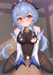 Rule 34 | 1boy, 1girl, :o, ahoge, bar censor, bare shoulders, bell, black gloves, black legwear, blue hair, blurry, blurry background, blush, bodysuit, breasts, brown bodysuit, censored, clothed female nude male, commentary request, covered navel, cowgirl position, depth of field, detached sleeves, full-face blush, ganyu (genshin impact), genshin impact, gloves, hair between eyes, head tilt, highres, horns, imminent penetration, imminent vaginal, long hair, long sleeves, looking at viewer, medium breasts, neck bell, nipples, nude, paid reward available, parted lips, pussy, red eyes, sidelocks, sleeves past wrists, straddling, thighlet, torn clothes, uneg, very long hair, white sleeves