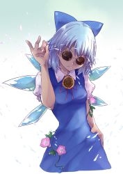 Rule 34 | 1girl, amano chiharu, blue bow, blue dress, blue eyes, blue hair, bow, breasts, cirno, commentary request, danmaku, dress, flower, gradient background, hair bow, hand on own hip, hidden star in four seasons, ice, ice wings, leaf, meme, morning glory, parody, pink flower, plant, puffy short sleeves, puffy sleeves, round eyewear, salt bae (meme), short hair, short sleeves, small breasts, solo, sunflower, sunglasses, tan, tanned cirno, touhou, vines, wings