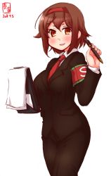 Rule 34 | 1girl, armband, black suit, brown eyes, brown hair, clipboard, commentary request, dated, formal, hairband, highres, kanon (kurogane knights), kantai collection, lobotomy corporation, logo, look-alike, looking at viewer, orange hairband, pant suit, pants, pen, project moon, red neckwear, shiratsuyu (kancolle), short hair, simple background, solo, standing, suit, white background