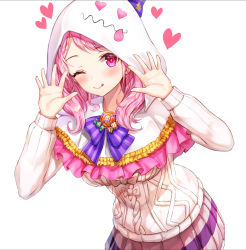 Rule 34 | 1girl, ;q, aran sweater, bad id, bad pixiv id, bang dream!, blush, bow, cable knit, closed mouth, hands up, heart, hood, hood up, long hair, looking at viewer, lunacle, maruyama aya, one eye closed, pink hair, pink skirt, pleated skirt, purple bow, purple eyes, simple background, skirt, smile, solo, striped, striped bow, sweater, tongue, tongue out, white background, white sweater