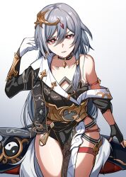 Rule 34 | 1girl, absurdres, asymmetrical clothes, black choker, black gloves, breasts, chinese clothes, choker, collarbone, fingerless gloves, fu hua, fu hua (herrscher of sentience), gloves, godcastlenoa, grey hair, hair between eyes, highres, honkai (series), honkai impact 3rd, jewelry, long hair, looking at viewer, multicolored hair, orb, parted lips, red eyes, simple background, sitting, small breasts, solo, streaked hair, upper body, weapon, white background, white gloves, yin yang