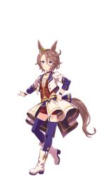 Rule 34 | 1girl, animal ears, blue eyes, boots, brown hair, ear ornament, hair between eyes, highres, horse ears, horse girl, horse tail, jacket, looking at viewer, midriff, narita taishin (umamusume), official art, purple thighhighs, red shorts, short hair, shorts, simple background, solo, starting future (umamusume), tail, thighhighs, transparent background, umamusume, white footwear, white jacket