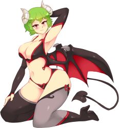 Rule 34 | 1girl, arm behind back, bat wings, black gloves, black panties, breasts, cleavage, closed mouth, commentary, demon girl, demon tail, english commentary, fingerless gloves, full body, gloves, green hair, high heels, kazami yuuka, large breasts, looking at viewer, panties, red eyes, rtil, seiza, short hair, simple background, sitting, solo, tail, touhou, underwear, white background, wings