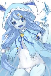 Rule 34 | 1girl, :d, animal hood, blue eyes, blue hair, blue skin, rabbit hood, colored skin, covered navel, hair ornament, highres, hood, ice, kami no rhapsody, long hair, looking at viewer, open mouth, pricheno, smile, solo, standing, subaru18