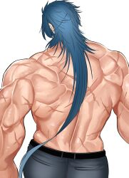 Rule 34 | 1boy, ass, back, back focus, back muscles, bara, broad shoulders, facing away, from behind, highres, itaru (kidomh63), live a hero, long hair, male focus, muscular, muscular male, pants, scar, scar on back, shidemasu (live a hero), solo, topless male, very long hair