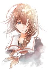 Rule 34 | 1girl, ahoge, bad id, bad twitter id, black shirt, blouse, blue eyes, braid, closed mouth, hair between eyes, hair over one eye, kantai collection, looking at viewer, messy hair, neckerchief, one eye covered, red neckerchief, rinto (rint rnt), sailor collar, school uniform, serafuku, shigure (kancolle), shirt, single braid, smile, solo, upper body, white sailor collar