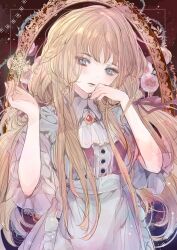Rule 34 | 1girl, blonde hair, blue dress, blue eyes, brooch, brown background, buttons, center frills, closed mouth, collared dress, dress, expressionless, eyes visible through hair, flower, framed, frilled dress, frilled sleeves, frills, gem, hair over shoulder, hair ribbon, head tilt, highres, jewelry, komorihikki, lips, long hair, looking at viewer, original, pink flower, pink rose, purple ribbon, red gemstone, ribbon, rose, short sleeves, solo, thorns, upper body