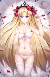 Rule 34 | 1girl, bare arms, bare shoulders, blonde hair, bra, breasts, cleavage, collarbone, commentary request, earrings, ereshkigal (fate), fate/grand order, fate (series), flower, hair flower, hair ornament, hair ribbon, highres, jewelry, large breasts, long hair, looking at viewer, nail polish, navel, panties, parted bangs, red eyes, red flower, red nails, red ribbon, red rose, ribbon, rose, skull, solo, thighhighs, tiara, two side up, underwear, user vtb2000, white bra, white panties, white thighhighs