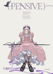 Rule 34 | 1girl, arknights, black footwear, braid, character name, copyright name, dress, english text, full body, highres, huangdanlan, invisible chair, irene (arknights), layered sleeves, light purple hair, light smile, long hair, long sleeves, looking at object, looking down, pink dress, puffy short sleeves, puffy sleeves, purple ribbon, ribbon, scar, scar across eye, sheath, sheathed, short over long sleeves, short sleeves, simple background, sitting, solo, sword, twin braids, weapon