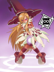 Rule 34 | 1girl, blush, boots, clam curry, gameplay mechanics, hat, icon (computing), knights in the nightmare, long hair, orange hair, pink eyes, pointy ears, solo, striped clothes, striped thighhighs, thighhighs, very long hair, wisp, witch, witch (knights in the nightmare), witch hat