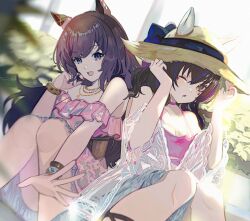 Rule 34 | 2girls, animal ears, bare shoulders, blurry, blurry foreground, bracelet, breasts, brown hair, camisole, cleavage, corset, daitaku helios (#summer #new me) (umamusume), daitaku helios (umamusume), depth of field, dress, ear covers, ears through headwear, feet out of frame, hand on headwear, hands up, hat, highres, horse ears, jewelry, knees up, long hair, looking at viewer, multicolored hair, multiple girls, necklace, off-shoulder dress, off shoulder, open mouth, outstretched arm, pink dress, pink shirt, plant, purple eyes, shibaebi (yasaip game), shirt, sitting, small breasts, smile, straw hat, streaked hair, teeth, tosen jordan (aurore vacances) (umamusume), tosen jordan (umamusume), umamusume, wristband, yellow eyes