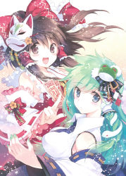 Rule 34 | 2girls, aqua nails, blue eyes, bow, breasts, brown eyes, brown hair, detached sleeves, female focus, fox mask, frills, frog, green hair, hair bow, hair ornament, hakurei reimu, impossible clothes, impossible shirt, japanese clothes, kochiya sanae, large bow, large breasts, mask, miko, mottsun, multiple girls, nail polish, ofuda, open mouth, shirt, smile, snake, sparkle, touhou