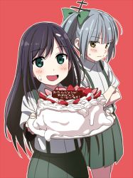 Rule 34 | 10s, 2girls, :d, aqua eyes, arm warmers, asashio (kancolle), bad id, bad twitter id, black hair, blush, bow, brown eyes, cake, collared shirt, crossed arms, food, food on face, food on head, food writing, fruit, green bow, green skirt, hair bow, hair ornament, holding, holding plate, icing, kantai collection, kasumi (kancolle), kinosuke (sositeimanoga), long hair, looking at viewer, multiple girls, object on head, open mouth, outline, pink background, plate, school uniform, shirt, short sleeves, side ponytail, simple background, skirt, smile, strawberry, suspenders, sweatdrop, translation request, whipped cream, white shirt