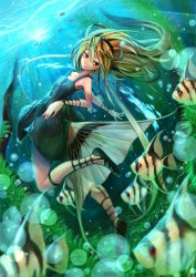 Rule 34 | 1girl, blurry, depth of field, dress, fins, fish, fish tail, in water, long hair, looking at viewer, multicolored hair, original, personification, red eyes, submerged, tail, teko, two-tone hair