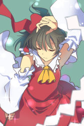 Rule 34 | 1girl, arm up, bare shoulders, bow, breasts, brown hair, closed eyes, closed mouth, collar, detached sleeves, dress, gohei, green background, hair between eyes, hair tubes, hakurei reimu, hand up, highres, long sleeves, medium breasts, nayozane (worker7), red bow, red dress, short hair, solo, star (symbol), touhou, white collar, white sleeves, wide sleeves, yellow neckwear