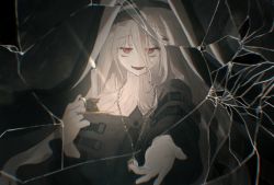 Rule 34 | 1girl, arknights, black background, black dress, broken glass, candle, dress, glass, glowing, glowing eyes, highres, holding, holding candle, jewelry, monv ank, nun, open mouth, pale skin, red eyes, reflection, shattered, specter (arknights), white hair